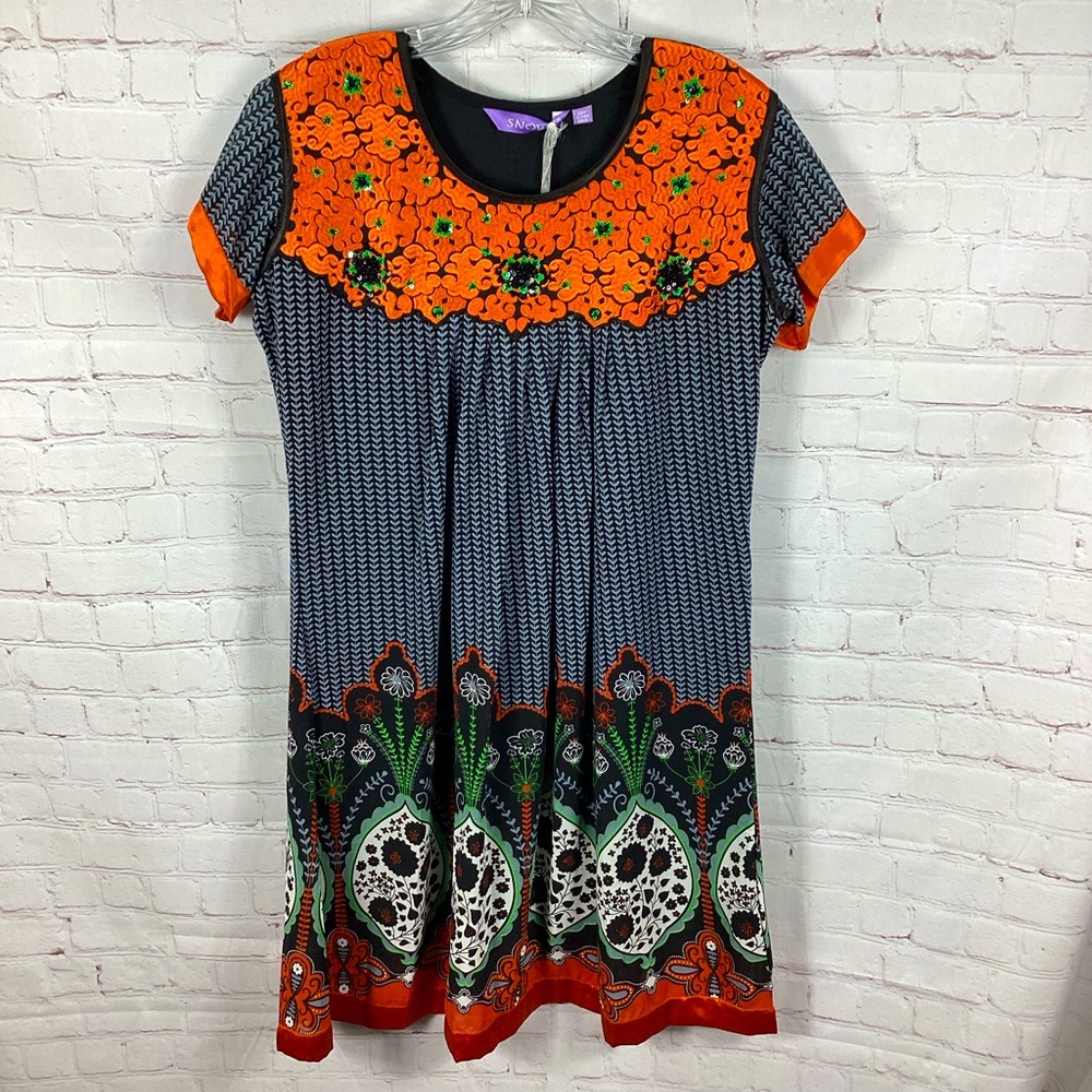 NWT Floral‎ House Dress Short Sleeve Sequins Women’s Size S/M Orange Black Lined